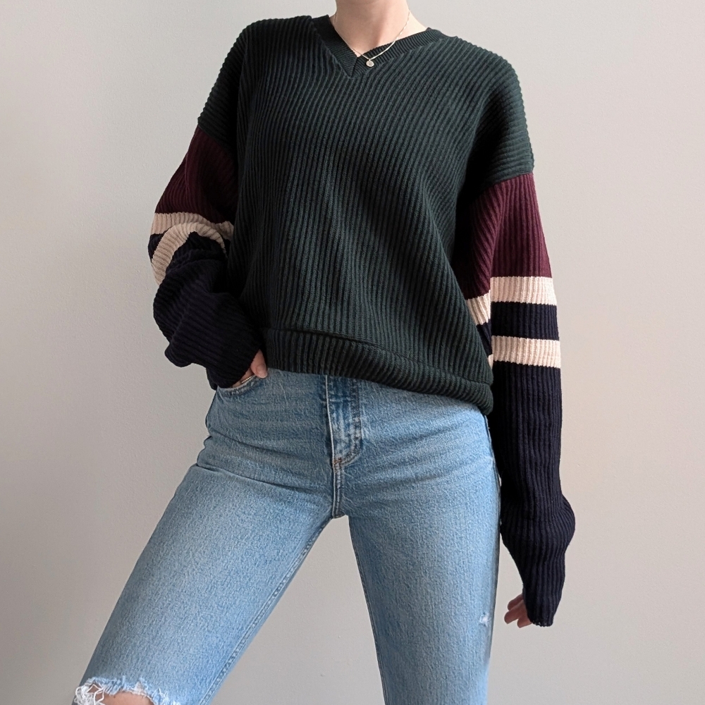 Vintage Colour Block Ribbed V-Neck Sweater